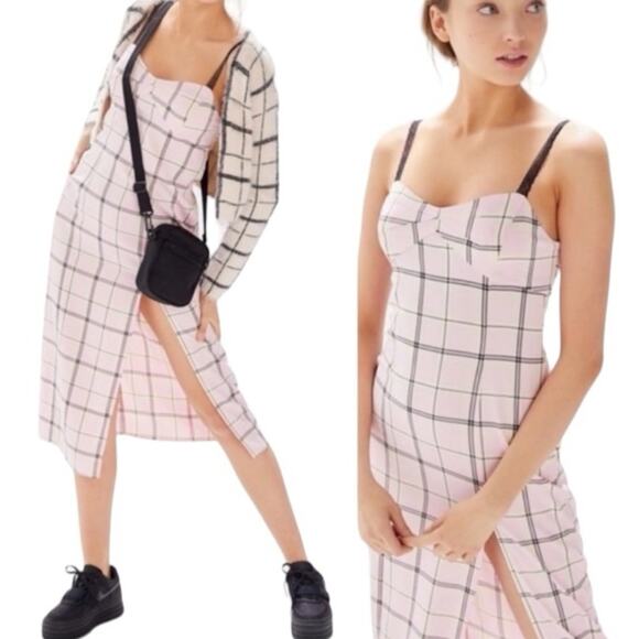 Urban Outfitters Cher Pink Plaid Maxi Slip Dress Black Lace Size Medium - Picture 6 of 16